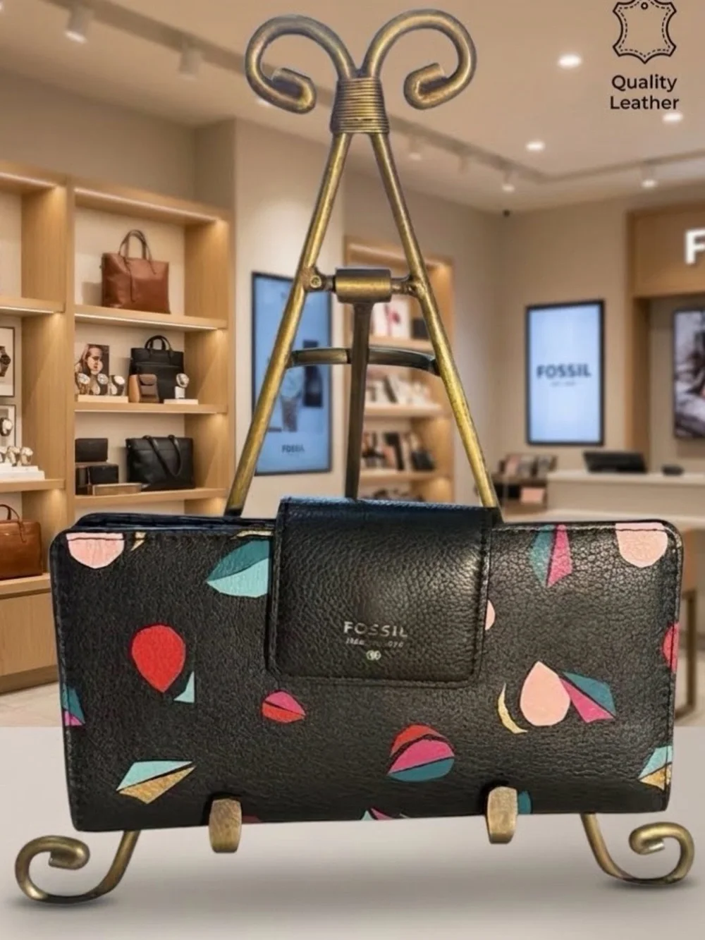 Fossil Black Leather Continental Wallet with Multicolor Teardrop Motif